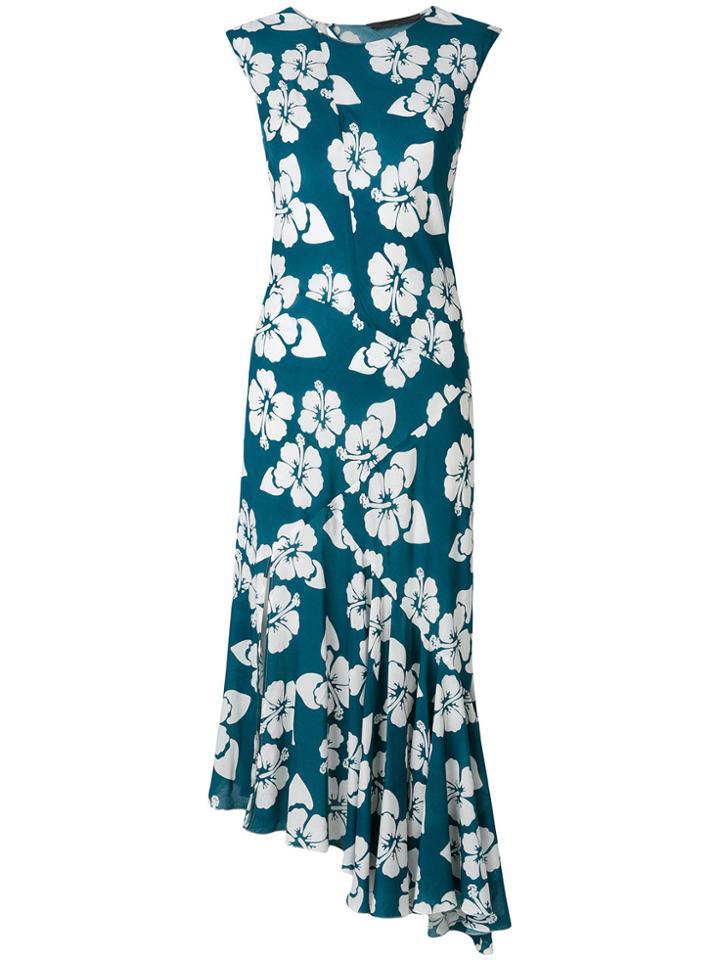 Simonetta Ravizza Floral Asymmetric Ruffle Hem Dress - Blue
