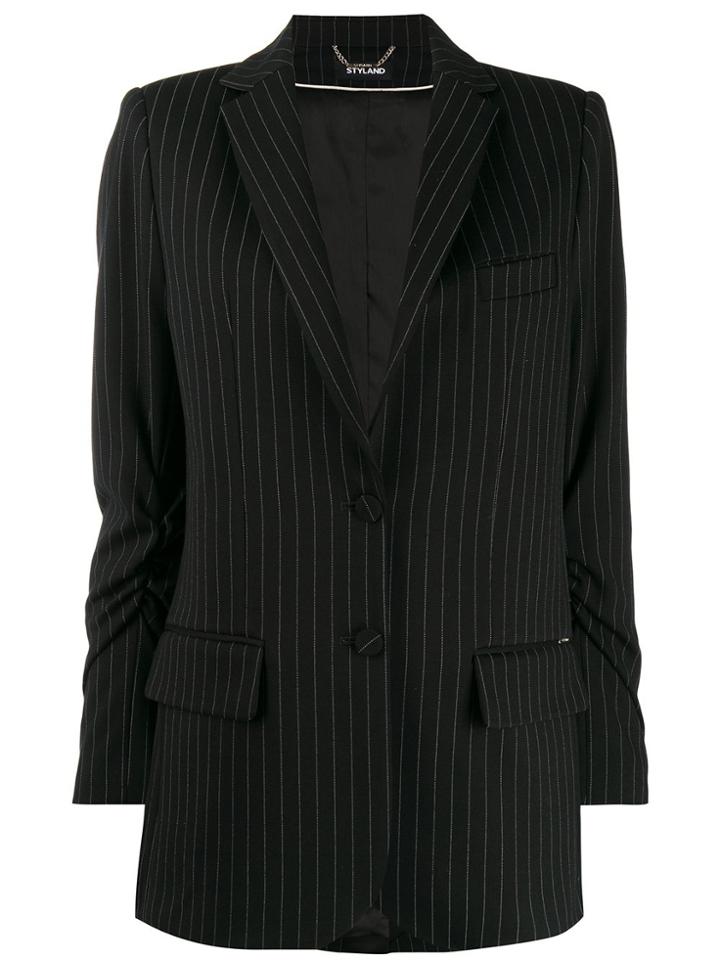 Styland Pinstripe Ruched Sleeve Blazer - Black