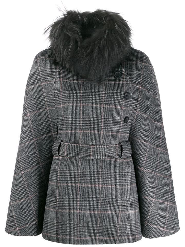 Liska Plaid Belted Poncho - Grey