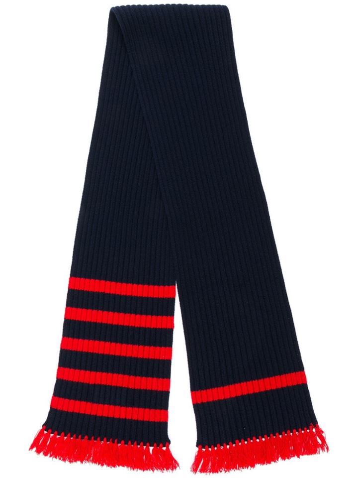 Prada Fringed Rib Knit Stripe Trim Scarf - Blue
