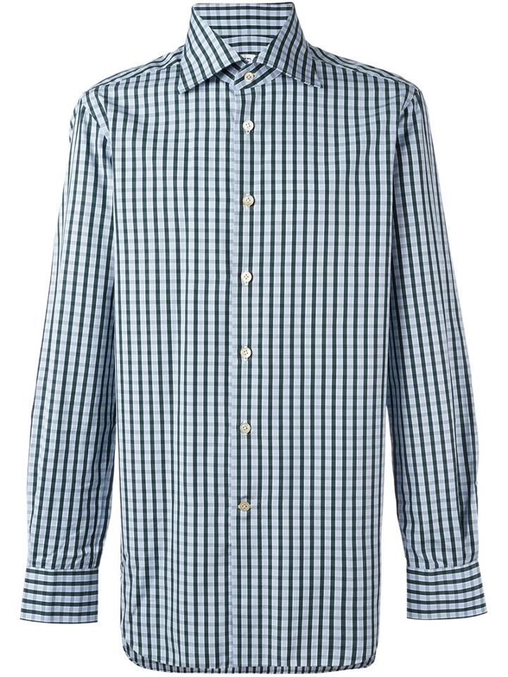 Kiton Checked Button Down Shirt, Men's, Size: 40, Green, Cotton