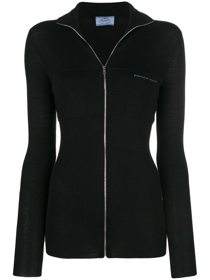 Prada Fitted Ribbed Front Zip Cardigan - Black