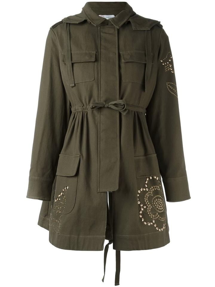 Red Valentino Studded Military Coat, Women's, Size: 40, Green, Cotton/polyamide/polyester