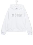 Msgm Kids Glitter Logo Hoodie, Girl's, Size: 14 Yrs, White