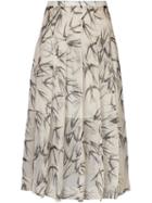 Rochas Pleated Swallow Print Skirt, Women's, Size: 42, Nude/neutrals, Silk