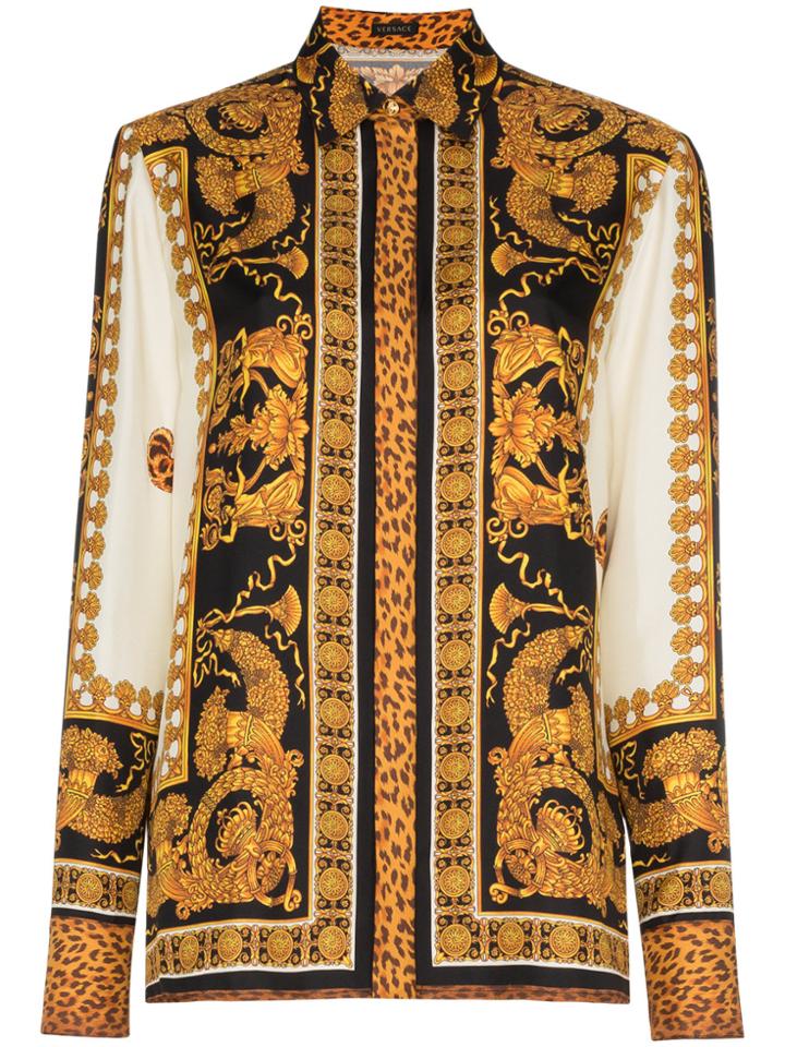 Versace Black Gold Silk Print Shirt - Yellow & Orange