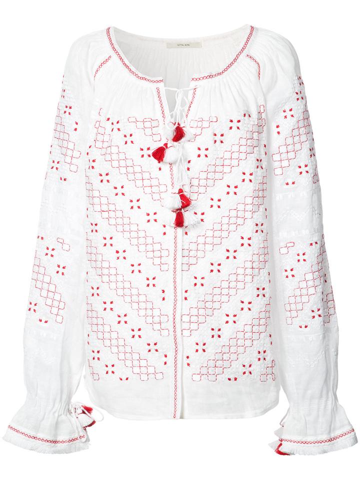 Vita Kin Detailed Embroidery Contrast Blouse, Women's, Size: Small, White, Linen/flax
