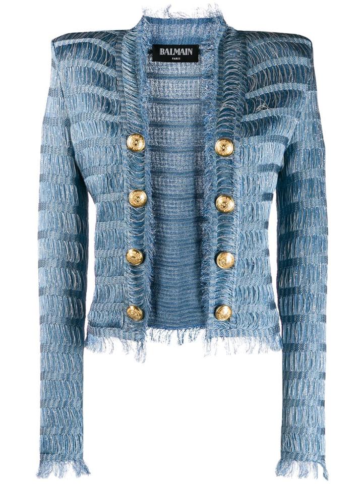 Balmain Structured Shoulder Textured Jacket - Blue