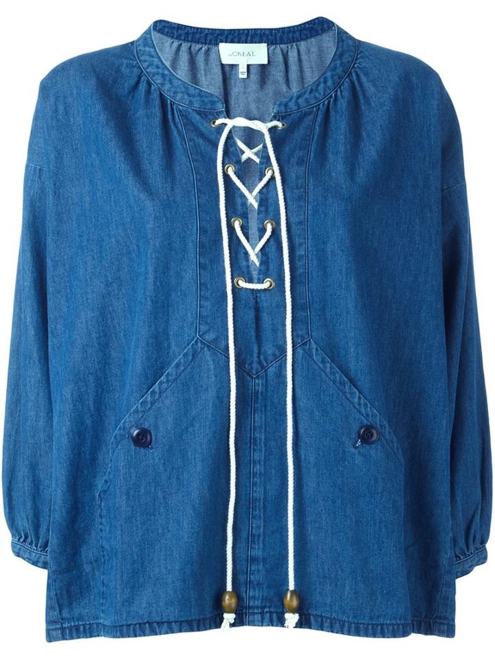 The Great Lace-up Denim Blouse, Women's, Size: 0, Blue, Cotton