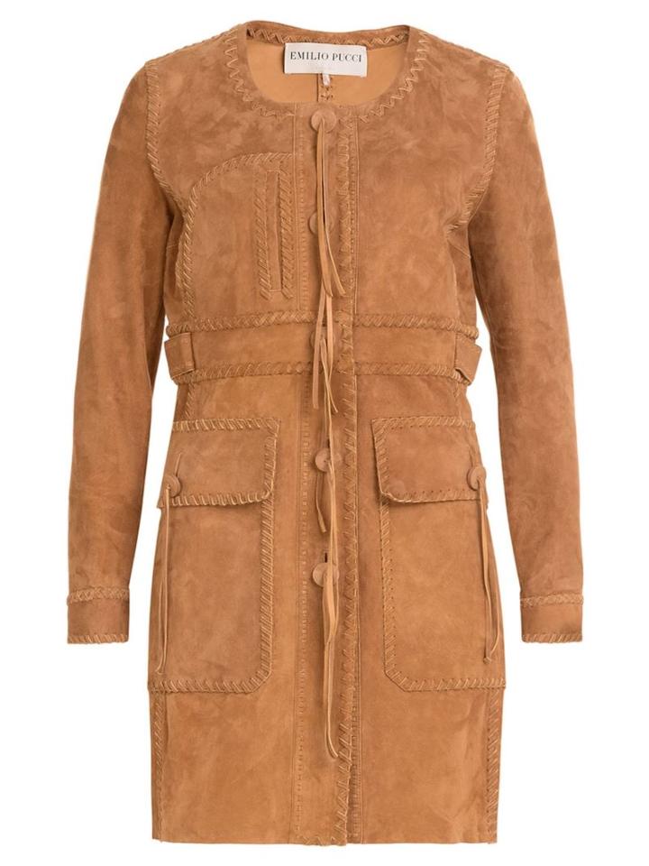 Emilio Pucci Single Breasted Braided Detail Coat, Women's, Size: 40, Brown, Lamb Skin