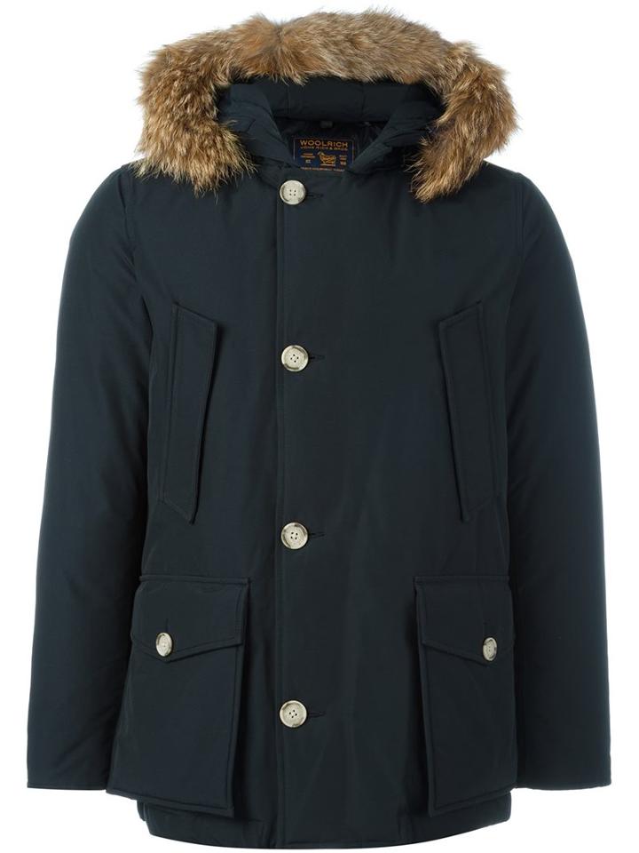 Woolrich Hooded Padded Jacket, Men's, Size: Xl, Blue, Cotton/polyamide/coyote Fur