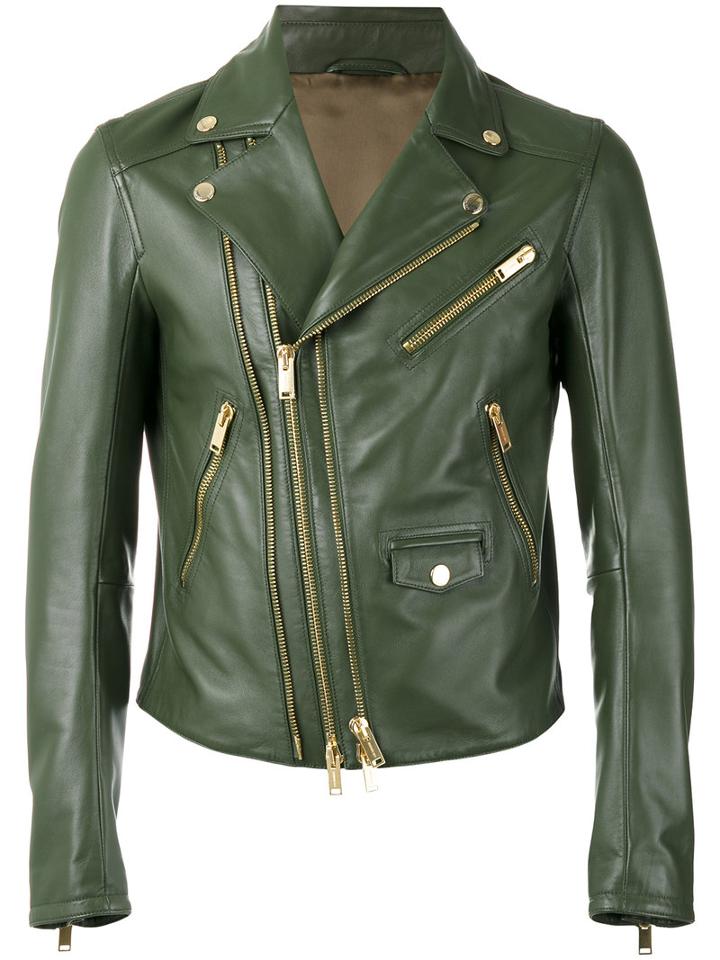 Les Hommes Biker Jacket, Men's, Size: 50, Green, Leather/acetate