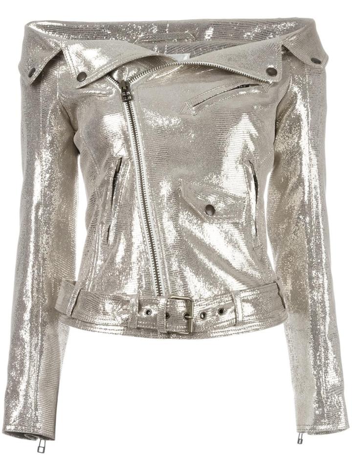 Faith Connexion Off-shoulders Glittery Biker Jacket - Metallic