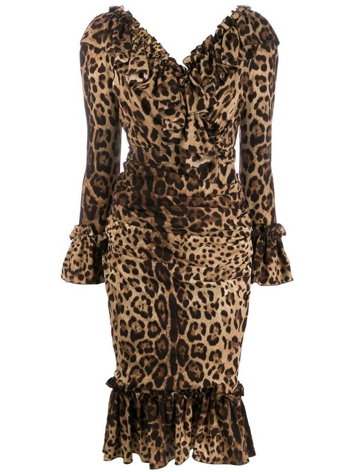 Dolce & Gabbana Ruffle Leopard Print Dress - Brown