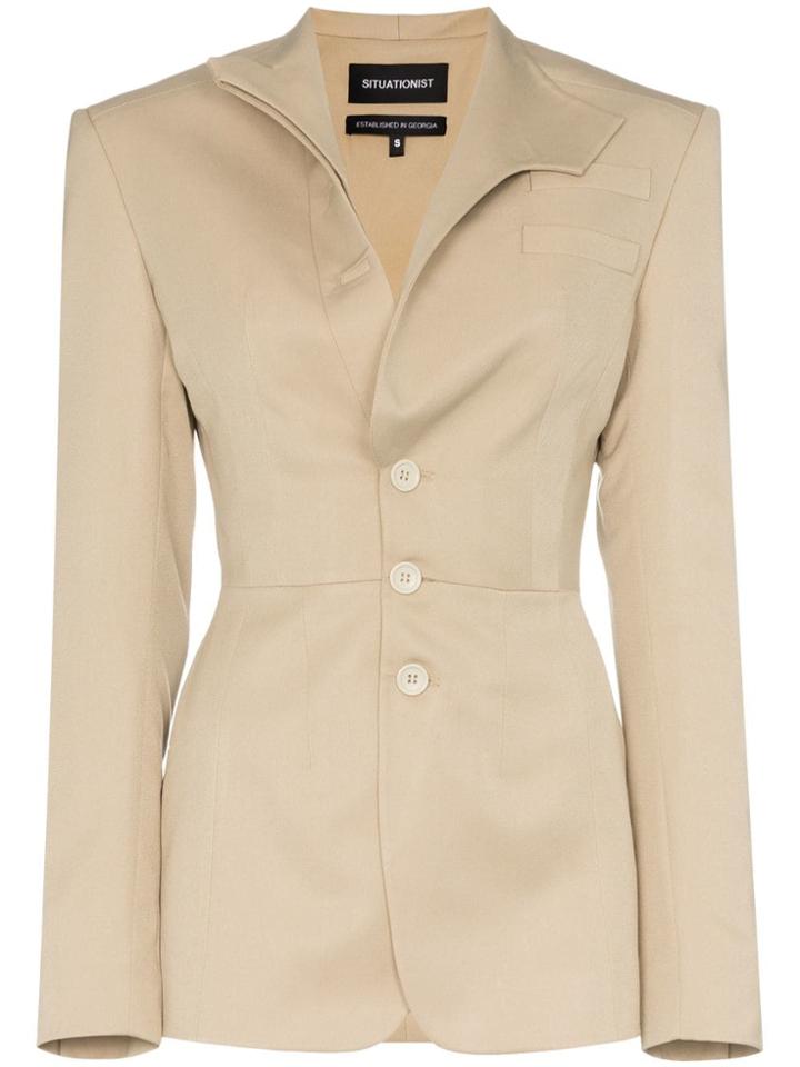 Situationist Mandarin Lapel Single Breasted Wool Blazer - Neutrals