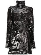 Halpern Longsleeved High Neck Sequinned Mini Dress - Black