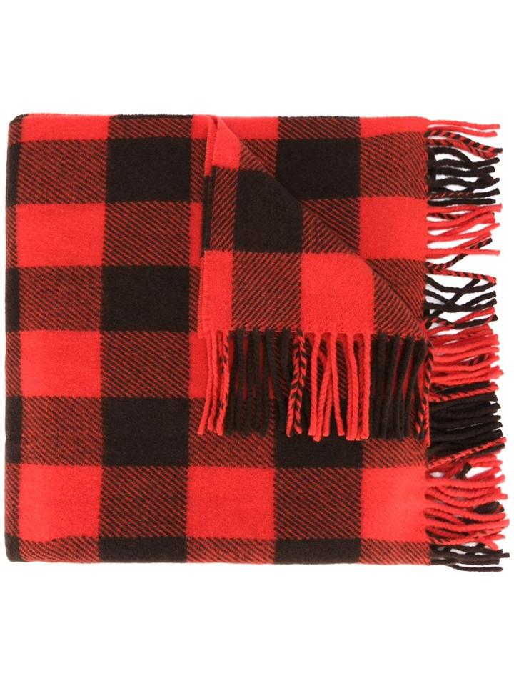 Études Plaid Fringed Scarf, Men's, Red, Virgin Wool