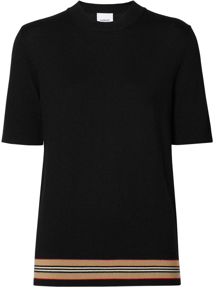 Burberry Short-sleeve Icon Stripe Detail Merino Wool Top - Black