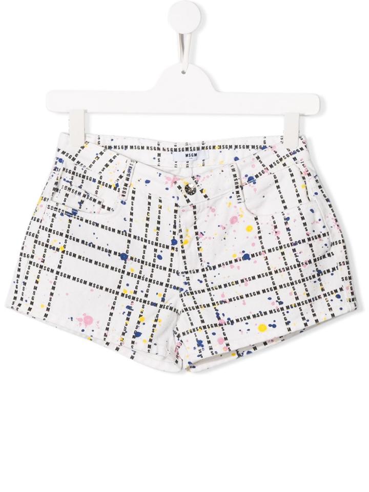 Msgm Kids Logo Paint Splat Denim Shorts - White