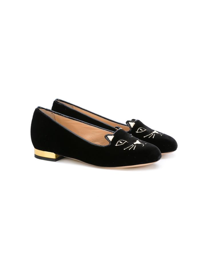 Charlotte Olympia Kids Cat-embroidered Ballerinas - Black