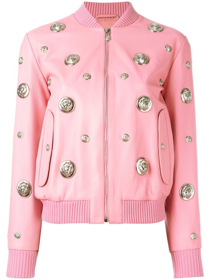 Versus Lion Head Leather Bomber Jacket, Women's, Size: 40, Pink/purple, Lamb Skin/viscose/spandex/elastane