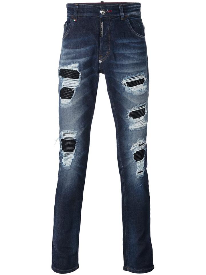 Philipp Plein Distressed Straigt Leg Jeans, Men's, Size: 31, Blue, Cotton/spandex/elastane