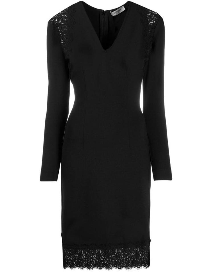 Twin-set Lace Panel V-neck Dress - Black