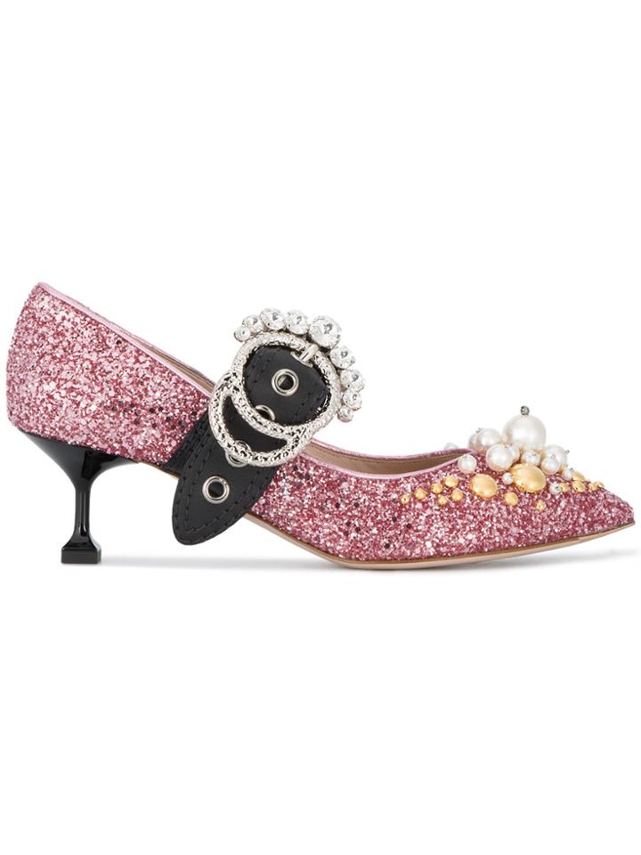 Miu Miu Pink Glitter Crystal Mary Jane 55 Heels - Pink & Purple