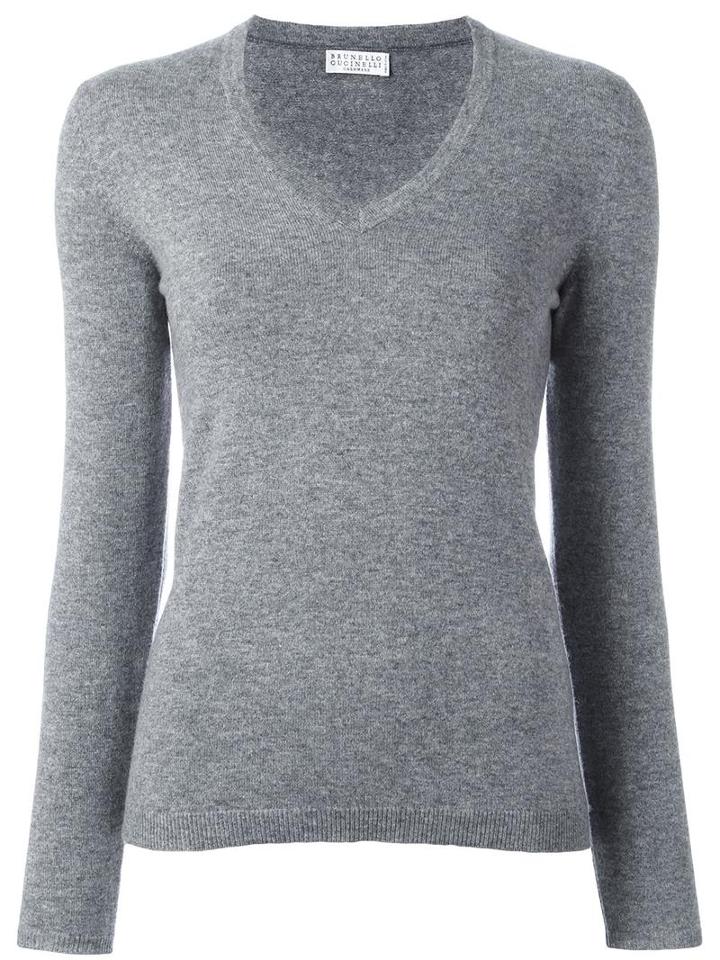 Brunello Cucinelli V Neck Jumper, Women's, Size: Medium, Grey, Cashmere