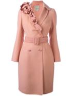 Ermanno Scervino Floral Collar Belted Coat, Women's, Size: 42, Pink/purple, Virgin Wool/cupro