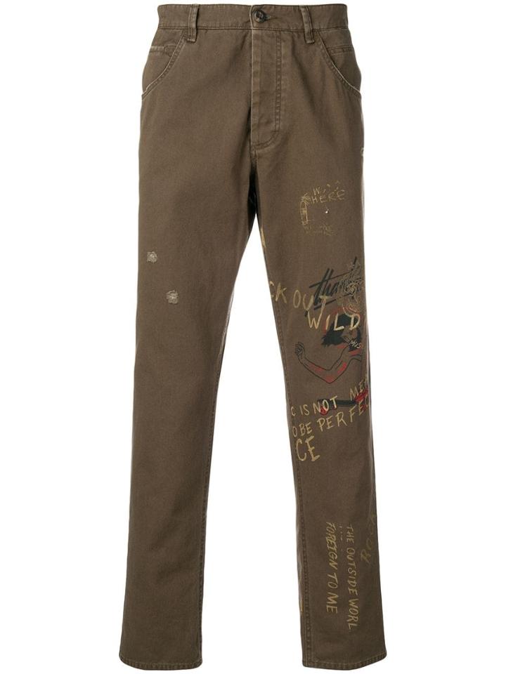 White Sand Printed Slim-fit Trousers - Green