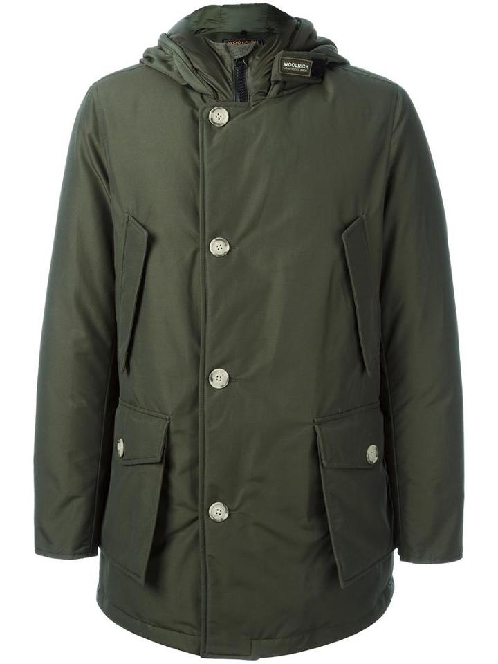 Woolrich Buttoned Hooded Coat, Men's, Size: Small, Green, Cotton/polyamide/feather Down