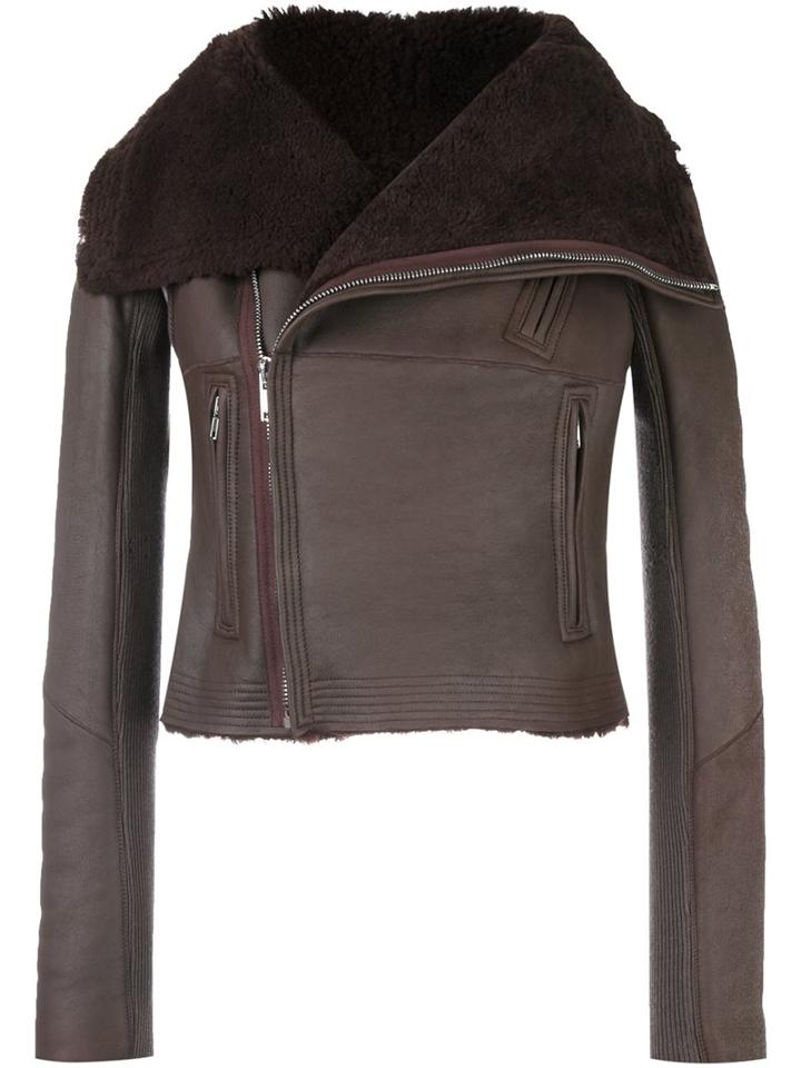 Rick Owens Cropped Biker Jacket, Women's, Size: 42, Brown, Cotton/lamb Skin/polyester/virgin Wool
