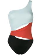Solid & Striped Colour Block One Shoulder Swimsuit - Blue