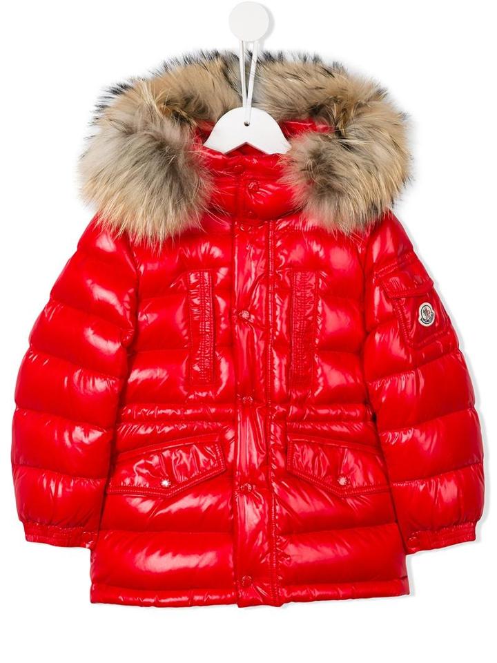 Moncler Kids Fur Hooded Padded Coat, Toddler Boy's, Size: 4 Yrs, Red