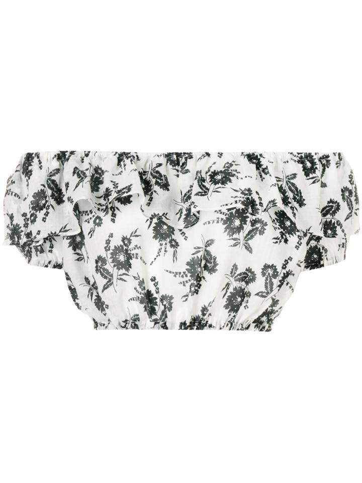 Miu Miu Floral Ruffled Off The Shoulder Crop Top - White