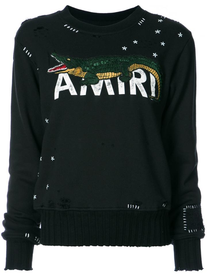 Amiri Crocodile And Logo Embroidered Distressed Sweatshirt - Black