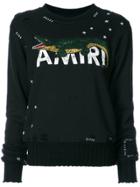 Amiri Crocodile And Logo Embroidered Distressed Sweatshirt - Black