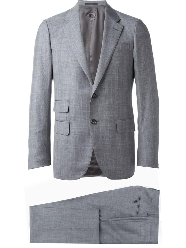 Caruso Two-piece Plaid Suit, Men's, Size: 52, Grey, Cupro/wool