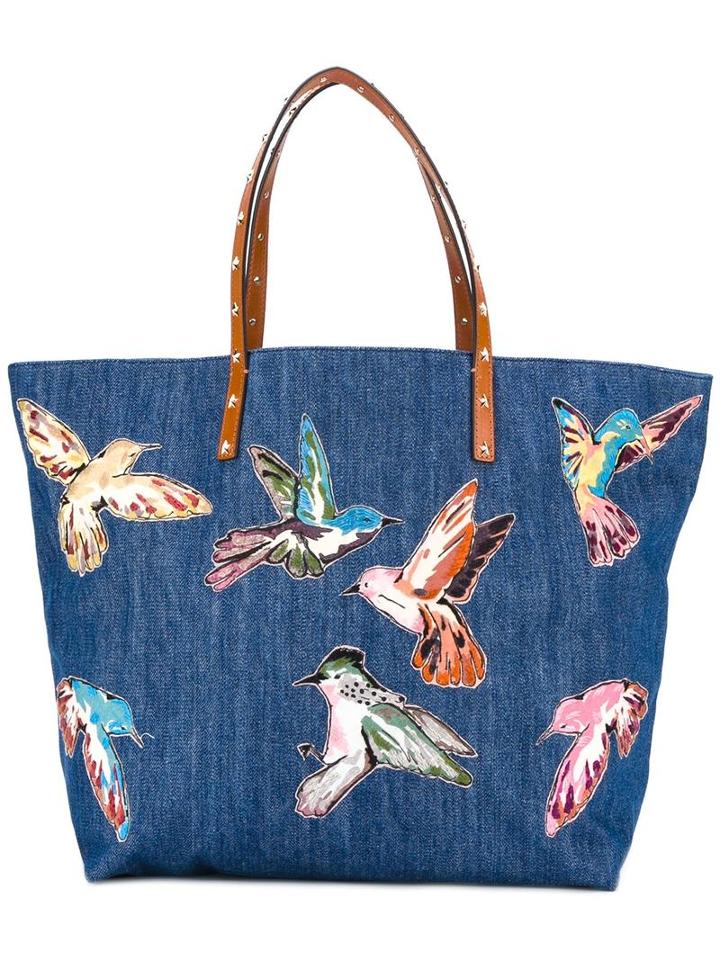 Red Valentino Large Bird Print Tote, Women's, Blue, Cotton