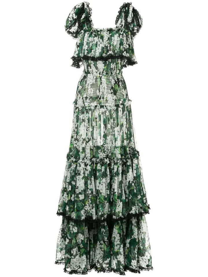 Dolce & Gabbana White Geranium Printed Long Tiered Dress - Green