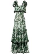 Dolce & Gabbana White Geranium Printed Long Tiered Dress - Green