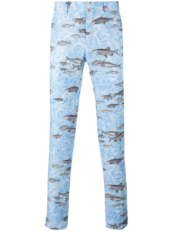 Comme Des Garçons Homme Plus - Fish Print Tapered Trousers - Men - Linen/flax - L, Blue, Linen/flax