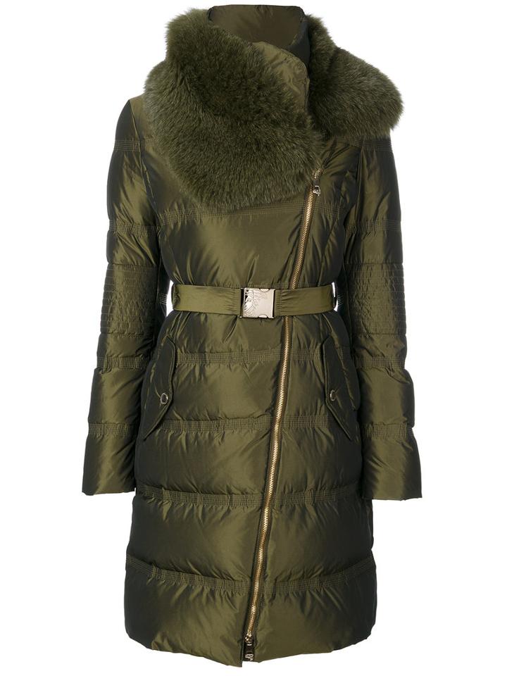 Versace Collection - Belted High Neck Coat - Women - Feather Down/polyester/goose Down - 44, Green, Feather Down/polyester/goose Down