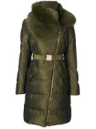 Versace Collection - Belted High Neck Coat - Women - Feather Down/polyester/goose Down - 44, Green, Feather Down/polyester/goose Down
