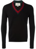 Gucci Web Trim V-neck Jumper, Men's, Size: Large, Black, Wool
