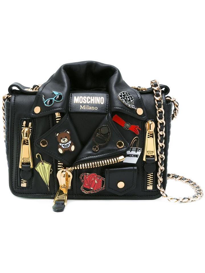 Moschino Badge Embellished Biker Bag, Women's, Black, Leather/metal