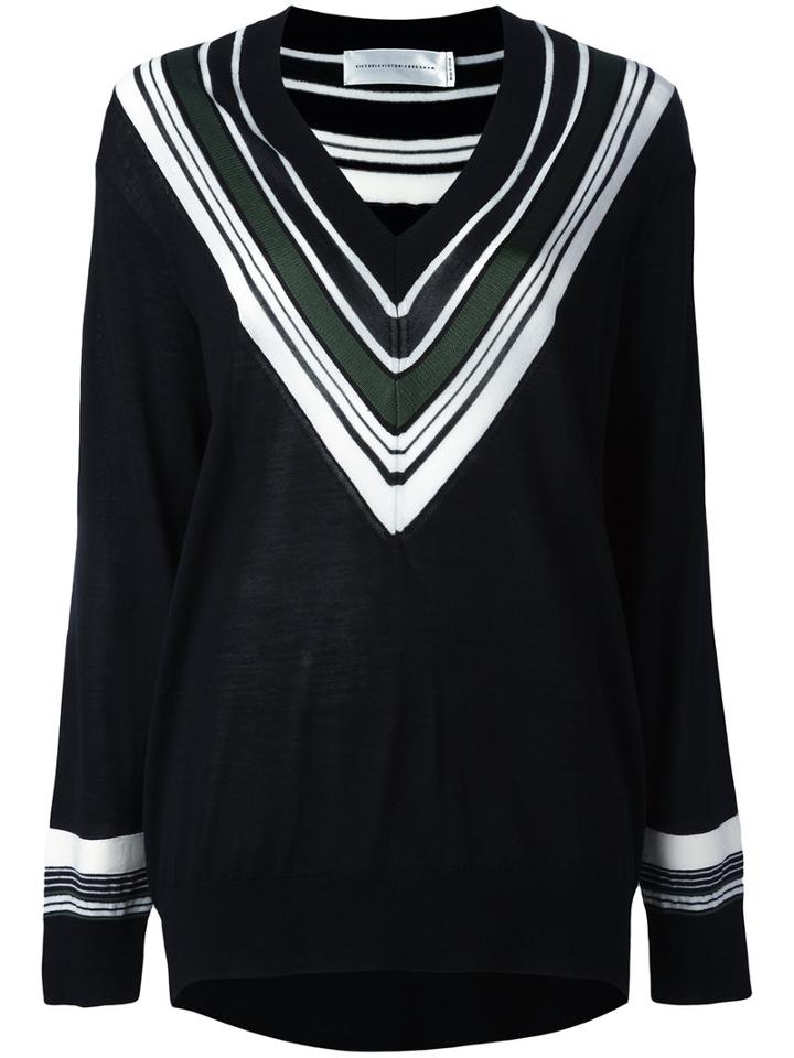 Victoria Victoria Beckham Striped V-neck Jumper, Women's, Size: 6, Black, Wool