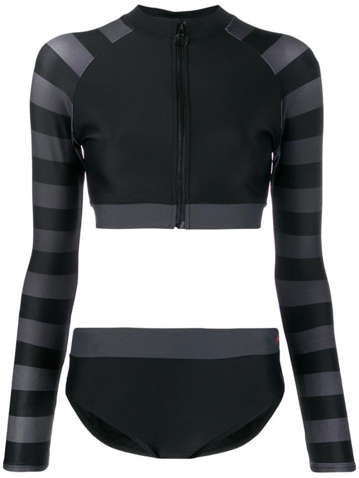 Perfect Moment Striped Rash Guard Bikini Set - Black