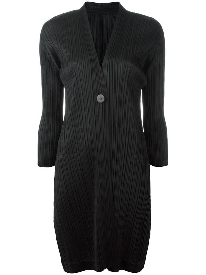 Pleats Please By Issey Miyake Pleated V-neck Coat, Women's, Size: 3, Black, Polyester